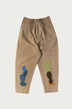 Chino High Waisted NIME Pants (CACTUS Embroidery) - Beige