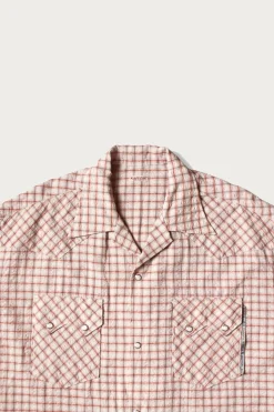 Cotton Linen Seersucker Check Open-Collar Western BIG Shirt - Red
