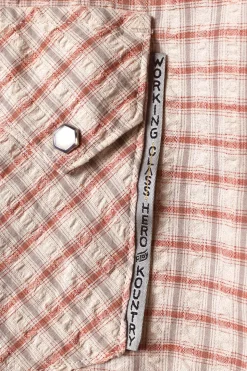 Cotton Linen Seersucker Check Open-Collar Western BIG Shirt - Red