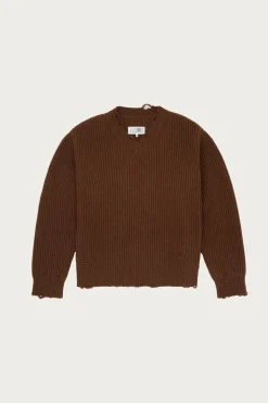 Distressed V-Neck Sweater - Brown