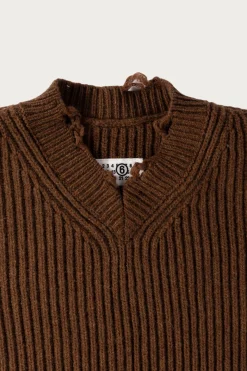 Distressed V-Neck Sweater - Brown