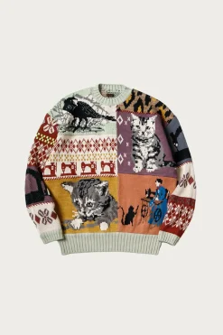 5G Cotton Knit Patchwork BIG Crew Sweater(Cat&Raven) - Mint