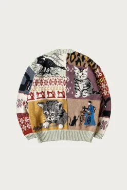 5G Cotton Knit Patchwork BIG Crew Sweater(Cat&Raven) - Mint