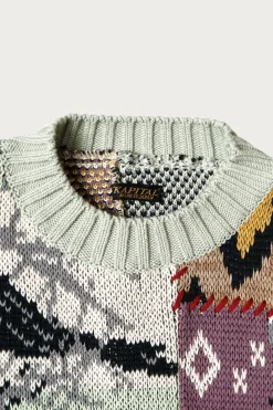 5G Cotton Knit Patchwork BIG Crew Sweater(Cat&Raven) - Mint