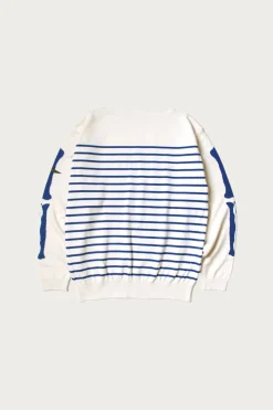 12G Panel Stripe Knit Boat-Neck Sweater (BONE Sleeve) - Navy Blue