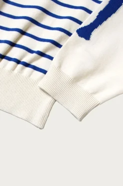 12G Panel Stripe Knit Boat-Neck Sweater (BONE Sleeve) - Navy Blue