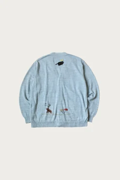Knit x Chambray Cardigan (Raven & Cat Embroidery) - Sax