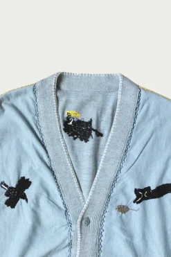 Knit x Chambray Cardigan (Raven & Cat Embroidery) - Sax