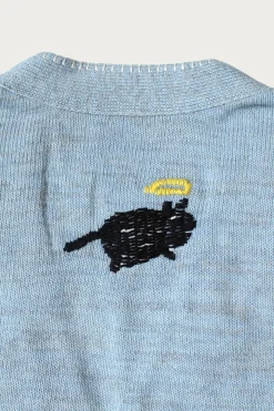 Knit x Chambray Cardigan (Raven & Cat Embroidery) - Sax
