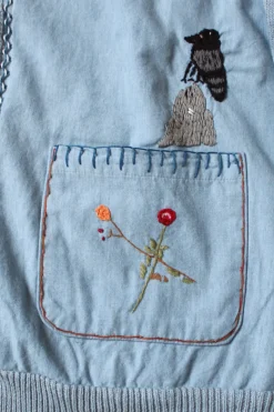 Knit x Chambray Cardigan (Raven & Cat Embroidery) - Sax