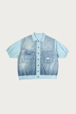 Knit x 8oz Denim Coverall Polo Shirt - Sax