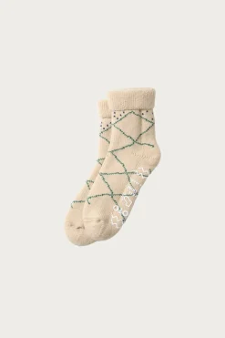 Merino Lambs Wool Room Socks "Beni Ouarain" - Ecru/Green