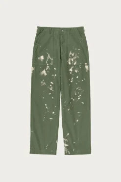 Washed Baggy Satin Bleached Baker Pants - Olive Green